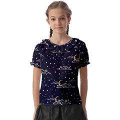 Hand Drawn Scratch Style Night-sky-with-moon-cloud Space Among-stars-seamless Pattern Vector Design Kids  Frill Chiffon Blouse by Ket1n9