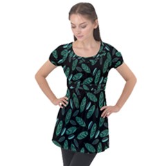 Leaves Pattern Abstract Blade Puff Sleeve Tunic Top by Loisa77