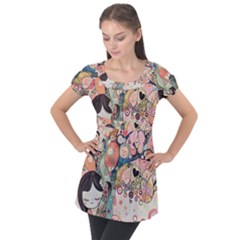 Whimsical Colorful Young Girl Puff Sleeve Tunic Top by Loisa77