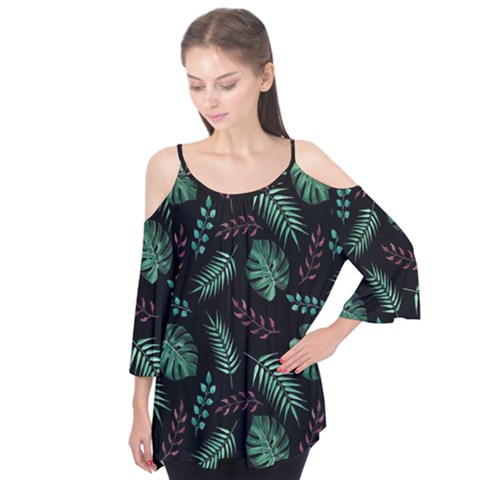 Tropical Leaves Pattern Flutter Sleeve T-shirt by Hannah976