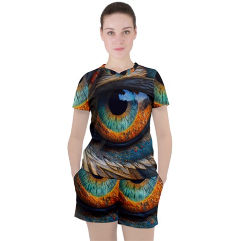 Eye Bird Feathers Vibrant Women s T-shirt And Shorts Set by Hannah976