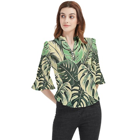 Abstract Art Tropical Leaves Loose Horn Sleeve Chiffon Blouse by Valentinaart