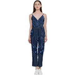 Seamless Pattern Of Glowing Circuit Board Neon Technology V-neck Camisole Jumpsuit by Loisa77