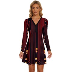Red Circuit Board Texture Red Circuit Digital Texture Circuit Board Red Technology Long Sleeve Deep V Mini Dress  by Loisa77