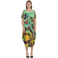 Monkey Tiger Bird Parrot Forest Jungle Style Cold Shoulder Loose Fit Dress With Pockets by Grandong