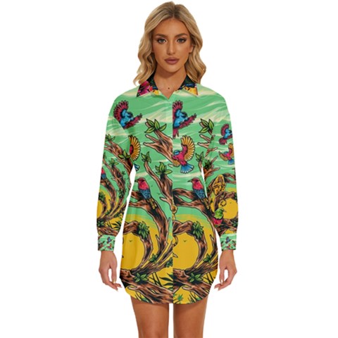 Monkey Tiger Bird Parrot Forest Jungle Style Womens Long Sleeve Shirt Dress by Grandong