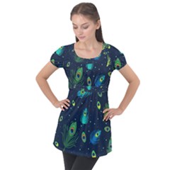 Texture Pattern Green Feather Yellow Peacock Puff Sleeve Tunic Top by Loisa77