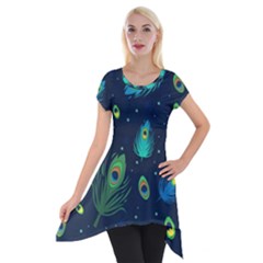Texture Pattern Green Feather Yellow Peacock Short Sleeve Side Drop Tunic by Loisa77