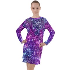 Purple Violet Glitter Galaxy Nebula Space Pattern Long Sleeve Hoodie Dress by Perong