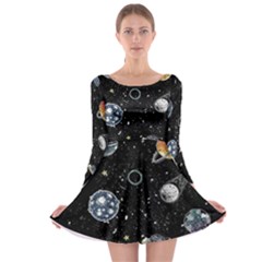 Glittering Planets Space Galaxy Glitter Black Long Sleeve Skater Dress by Perong