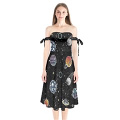 Glittering Planets Space Galaxy Glitter Black Shoulder Tie Bardot Midi Dress by Perong