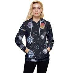 Glittering Planets Space Galaxy Glitter Black Women s Lightweight Drawstring Hoodie by Perong