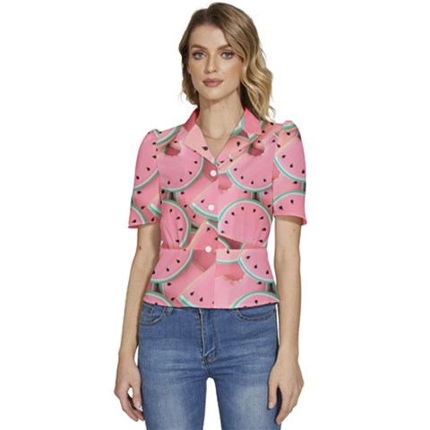 Aesthetic Cute Kawaii Watermelon Puffed Short Sleeve Button Up Jacket by Perong