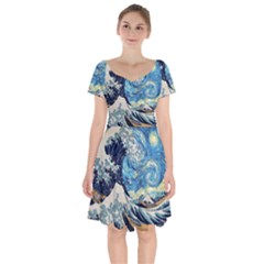 The Great Wave Of Kanagawa Painting Short Sleeve Bardot Dress by Perong