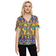 Dead Dancing Bears Grateful Dead Pattern Bow Sleeve Button Up Top by Grandong