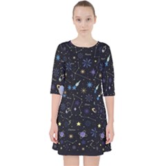 Starry Night  Space Constellations  Stars  Galaxy  Universe Graphic  Illustration Quarter Sleeve Pocket Dress by Grandong