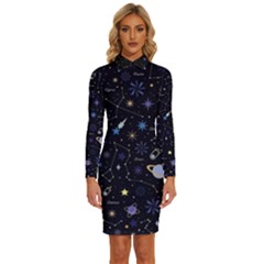 Starry Night  Space Constellations  Stars  Galaxy  Universe Graphic  Illustration Long Sleeve Shirt Collar Bodycon Dress by Grandong