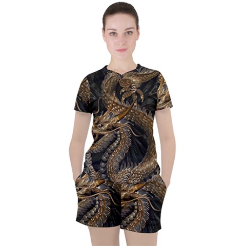 Fantasy Dragon Pentagram Women s T-shirt And Shorts Set by Maspions