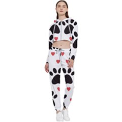 Dog Paw Vector Seamless Pattern With Hearts Cropped Zip Up Lounge Set by Perong