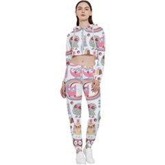 Cute Owl Bird Animal Pattern Cropped Zip Up Lounge Set by Perong