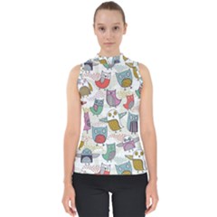 Owl Animal Bird Pattern Mock Neck Shell Top by Perong