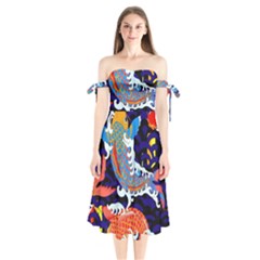 Koi Fish Traditional Japanese Art Shoulder Tie Bardot Midi Dress by Perong