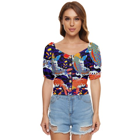 Koi Fish Traditional Japanese Art Button Up Blouse by Perong
