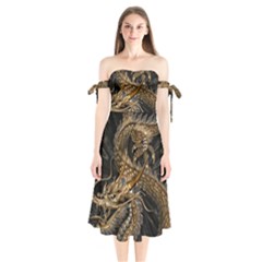 Japanese Dragon Pentagram Shoulder Tie Bardot Midi Dress by Perong