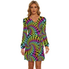 3d Grateful Dead 90 s Neon Dancing Bears Long Sleeve Waist Tie Ruffle Velvet Dress by Perong