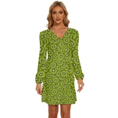Kiwi Fruit Pattern Green Background Long Sleeve Waist Tie Ruffle Velvet Dress by Paksenen
