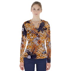 Leaf Yellow Point Flower White V-neck Long Sleeve Top by Grandong