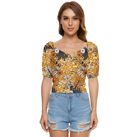 Leaf Yellow Point Flower White Button Up Blouse by Grandong