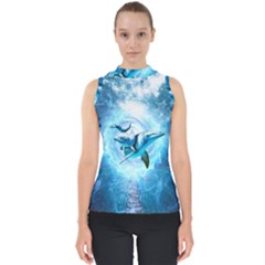 Dolphin Blue Sea Fantasy Mock Neck Shell Top by Maspions
