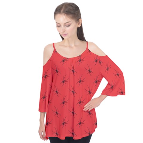 Spiders Pattern Seamless Arachnids Flutter Sleeve T-shirt by Maspions