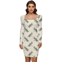 Dragonfy Insect Pattern Women Long Sleeve Ruched Stretch Jersey Dress by Maspions