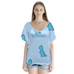 Dinosaur , Cute, Pastel, V-neck Flutter Sleeve Top by kyorashop23