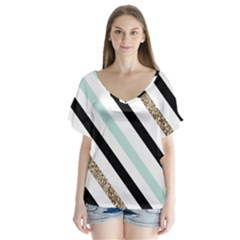 Pattern, Blue, Gold, Lines, Stripes V-neck Flutter Sleeve Top by kyorashop23