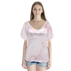 Pink Marble, Gold, Marble, Pattern, Pink, Rose V-neck Flutter Sleeve Top by kyorashop23
