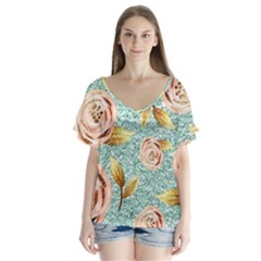 Rose Gold Roses, Girly, Glitter, Pretty, Rose Gold V-neck Flutter Sleeve Top by kyorashop23