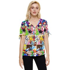 Sticker Art, Brand, Cartoon Bow Sleeve Button Up Top by kyorashop23