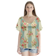 Stripes, Rose,  Texture, Flower, Paper V-neck Flutter Sleeve Top by kyorashop23