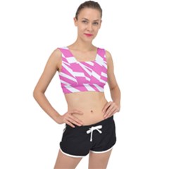 White Pink Stripes, Pattern V-back Sports Bra by kyorashop23