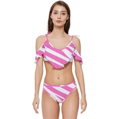 White Pink Stripes, Pattern Ruffle Edge Tie Up Bikini Set	 by kyorashop23