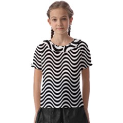 Black White Wave Pattern Wavy Water Seamless Kids  Frill Chiffon Blouse by Posterlux