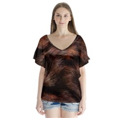 Brown Wool Texture V-neck Flutter Sleeve Top by kyorashop23