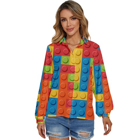 Lego Bricks, Colorful Dots Background Women s Long Sleeve Button Up Shirt by kyorashop23