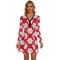 Christmas Snowflakes Background Pattern Long Sleeve Deep V Mini Dress  by Apen