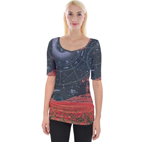 Astrology Surreal Surrealism Trippy Visual Art Wide Neckline T-shirt by Bedest