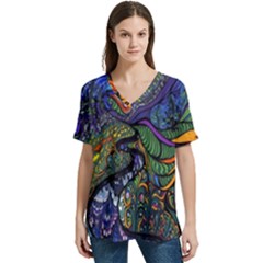 Psychedelic Digital Art Artwork Landscape Colorful V-neck Split Shoulder Casual T-shirt by Bedest