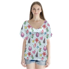 Christmas Decorations Pattern, Xmas Backgrounds V-neck Flutter Sleeve Top by kyorashop23